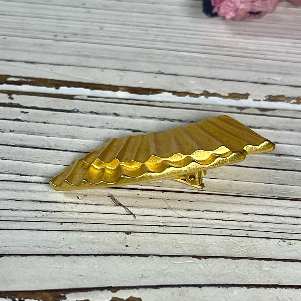 CRAFT Vintage 80’s MCM Art Deco Gold Tone Fan Signed Statement Clip On Earrings - Picture 8 of 10